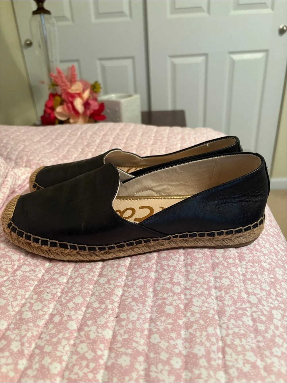 Sam Edelman Black Leather Slip-On Espadrilles with Jute Toe